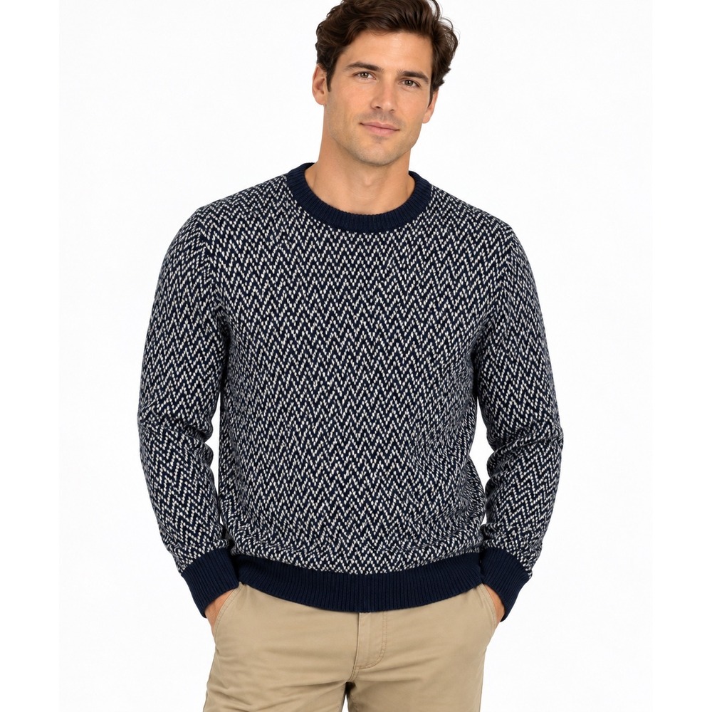 J.Crew Mens Lambswool Birdseye Knit Crewneck Sweater Navy Blue Cream Small